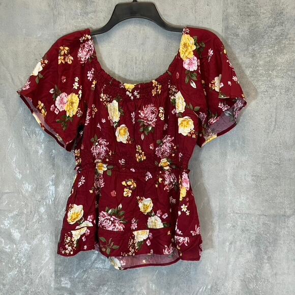 DEREK HEART Women's Biking Red Floral Smocked Peplum Top SZ M - Picture 2 of 7